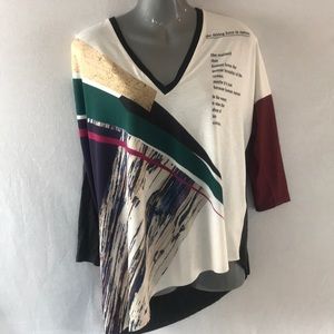 NWOT Zara Jersey Knit Abstract Mixed Media Top | Asymmetrical Hem | 3/4 Sleeve